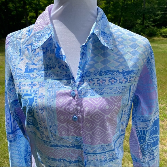 THREE ISLANDS DRESS SHIFT BUTTON FRONT LONG SLEEVE BLUE WHITE PURPLE SIZE XS - Picture 2 of 10